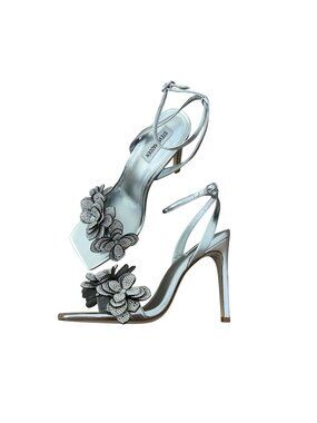Steve Madden Silver Rhinestone Floral Ankle Strap Stiletto Sandals Womens SZ 10M